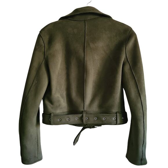 ZARA Outwear Olive Green Faux Suede Belted Moto Biker Jacket Women's Size XS - Picture 3 of 11